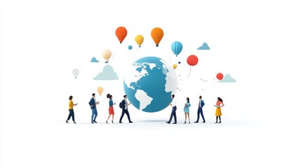 Businesspeople from different cultures coming together to explore digital technology concepts and strategies for business success. Wide angle visual for marketing or ads.