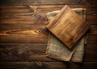 Fototapeta premium Vintage Oak Board with Burlap Napkin: Elegant Text Space for Creative Design and Rustic Presentation