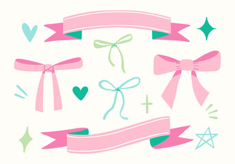 Decorative ribbons bows hearts and shapes. A collection of 14 hand drawn decorative elements including ribbons, bows, hearts, and sparkles, ideal for creative projects