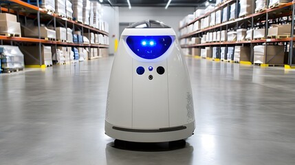 A robotic device with blue lights in a warehouse setting, likely for monitoring or navigation.