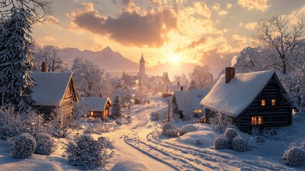 Snowy Village at Sunset with a Church and Glowing Windows