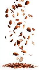 Obraz premium Almonds Falling on White Background: A Delicious and Healthy Snack