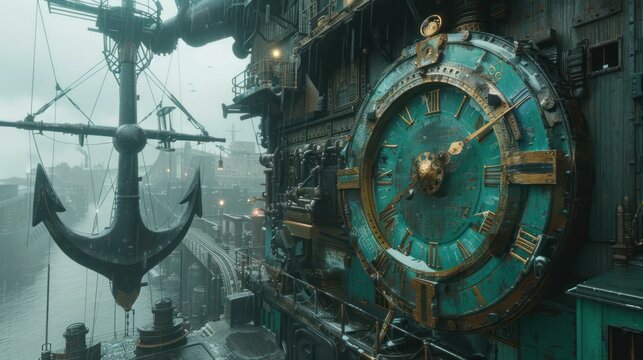 A steampunk-inspired dock with a large clock and anchor, shrouded in mist.