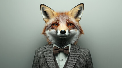 Anthropomorphic fox dressed in formal attire with a bow tie and suit against a neutral background, displaying a blend of wild animal and human characteristics.