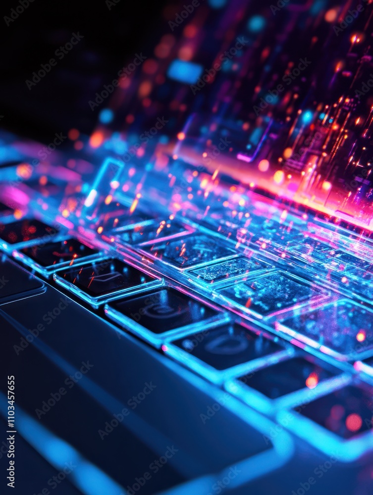 Poster digital world concept with hologram digitalization word and loading bar element icon on laptop keybo