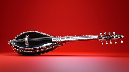 Ornate Black and Silver Sitar on Red Background, 3D Render