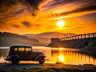 Fototapeta premium Captivating Silhouette of an Old Wooden Car Against a Stone Dam and Rolling Hills at Dusk - A Nostalgic Scene Captured in Shadowy Contrast