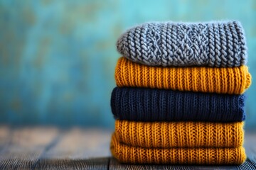 Pile of varicolored autumn clothes on wooden background, sweaters, knitwear, copy space

