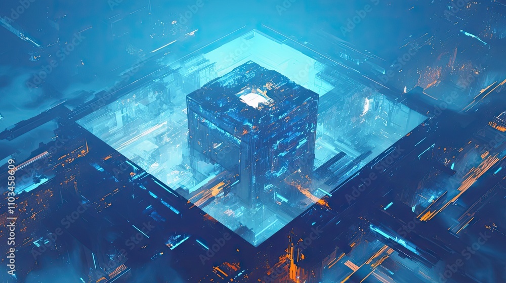 Poster futuristic cube structure within a complex digital cityscape