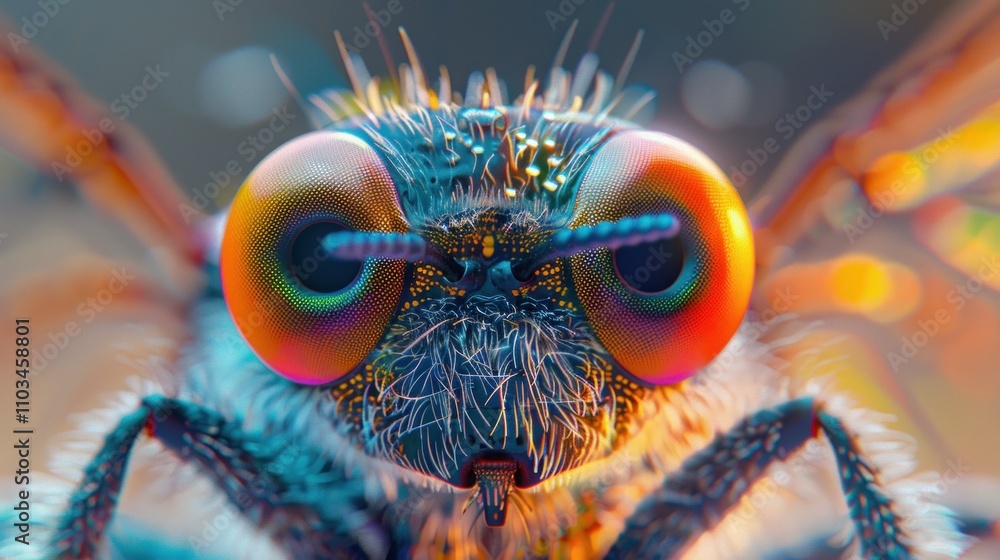 Poster a highly detailed close-up of a colorful insect with large eyes and intricate features.