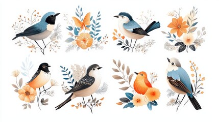 Fototapeta premium Set of hand-drawn birds and flowers in traditional ethnic folklore style, with bright and bold designs, isolated on a white background for a clean, artistic look.