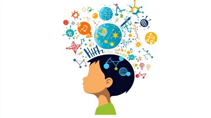 Profile silhouette of a child filled with colorful educational icons: music notes, science symbols, globe, space elements, and math equations. Light background, vibrant theme.