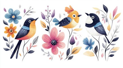 Fototapeta premium Set of hand-drawn birds and flowers in traditional ethnic folklore style, with bright and bold designs, isolated on a white background for a clean, artistic look.