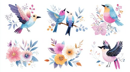 Obraz premium Set of hand-drawn birds and flowers in traditional ethnic folklore style, with bright and bold designs, isolated on a white background for a clean, artistic look.