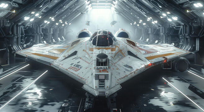 A fierce, fast star fighter ready to be boarded in the hangar bay of its mother ship.