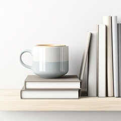 Naklejka premium A stylish coffee mug rests atop stacked books on a wooden shelf, creating a clean and minimalist aesthetic, This image is perfect for interior design, lifestyle blogs, or stationery promotions,