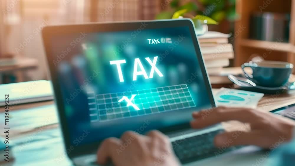 Aufkleber Focused businessman using laptop software for tax return, showcasing modern finance practices in an office setting with digital tools for analysis and strategic planning