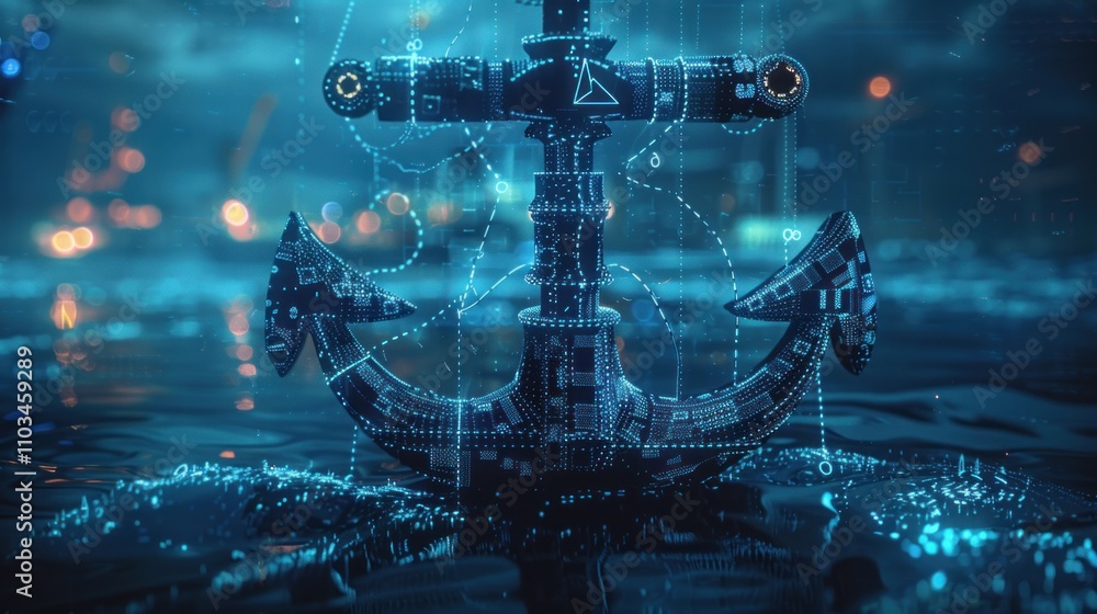 Poster a digital anchor submerged in water, illuminated with blue light and binary patterns.
