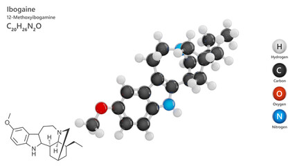 Molecule: Ibogaine. Hallucinogenic substance. Molecular structure. Formula: C20H26N2O. Chemical model: Ball and stick. White background. 3D illustration.