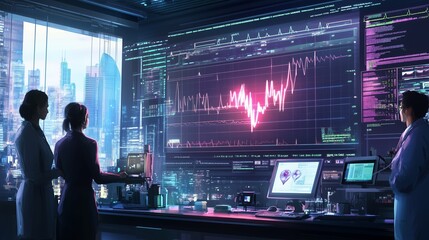 In a high-tech lab, a heartbeat chart animates as a diverse team monitors vital data, blending innovation and care.