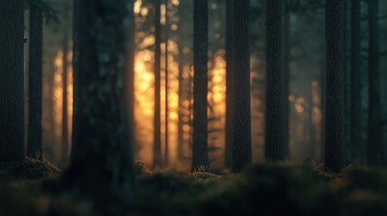 Serene forest scene with tall trees and sun rays creating a warm glow, moss-covered ground, and a tranquil atmosphere during sunrise or sunset.