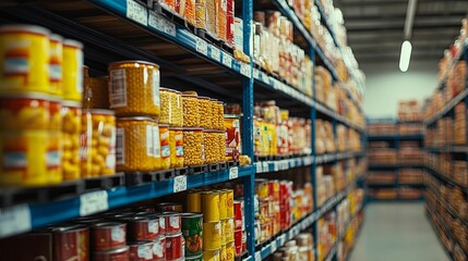 Rows of canned goods fill warehouse shelves
