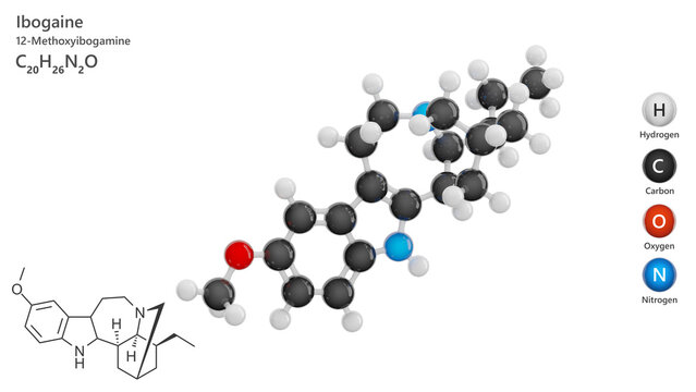 Molecule: Ibogaine. Hallucinogenic substance. Molecular structure. Formula: C20H26N2O. Chemical model: Ball and stick. White background. 3D illustration.