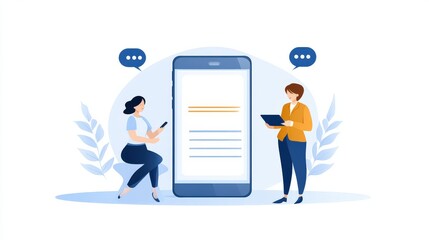 Young people talking with speech bubbles, smartphone in hand, girl listening, flat vector design for communication and discussion concept for websites or landing pages.