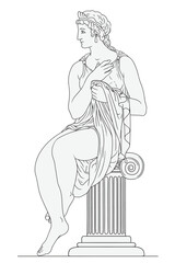 Ancient Greek woman in a tunic sits on a column. The figure is isolated on a white background.