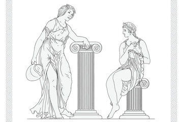 Two ancient Greek women stand near a column of a pedestal, hold a jug of wine and water in their hand and have a conversation. Two female figures and meander ornament isolated on a white background