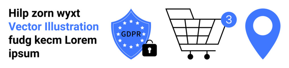 Shield with GDPR lock, shopping cart with notification, location pin, and sample text. Ideal for data security, e-commerce, location services, privacy, online shopping, user notification, web design