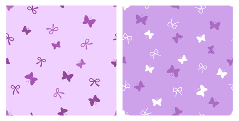 Seamless patterns of butterfly cartoons and ribbon bows on purple backgrounds vector.