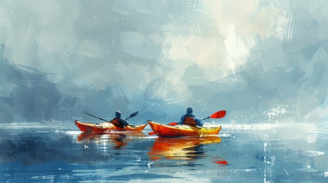 Two kayakers paddling through calm waters under a cloudy sky.