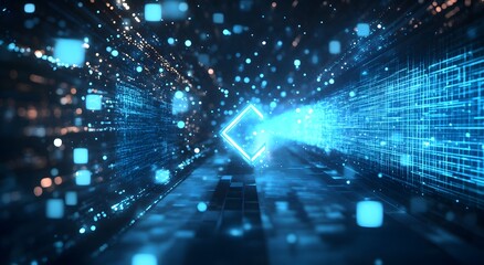 Blue digital background with bright light patterns and pixelated shapes. This dynamic design creates energy and vitality. Concept of approval, success and technology.