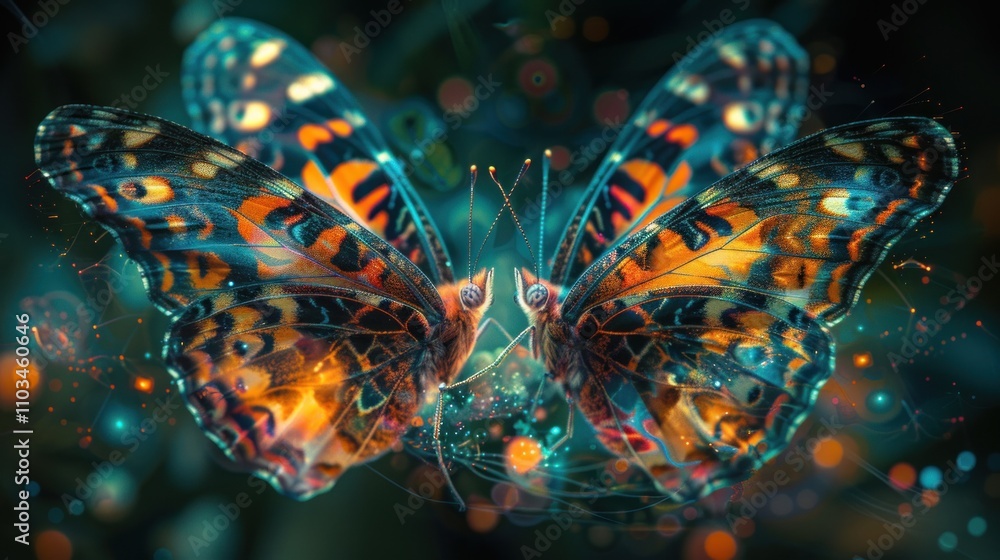 Aufkleber two vibrant butterflies with intricate patterns and glowing elements in a surreal setting.