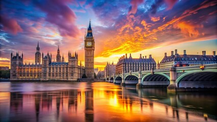 Fototapeta premium Captivating Sunset Over Big Ben: A Stunning View of London's Iconic Landmark Illuminated by Golden Hour Light with Vibrant Colors Reflecting on the River Thames