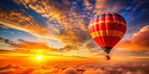 Obraz premium Captivating Sunrise with a Bright Red, Orange, and Yellow Hot Air Balloon Gliding Through the Sky, Perfect for Minimalist Photography Lovers and Travel Enthusiasts