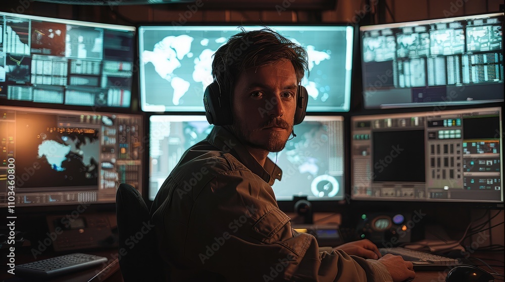 Aufkleber man is working in military control room, ensuring national security through control and monitoring.