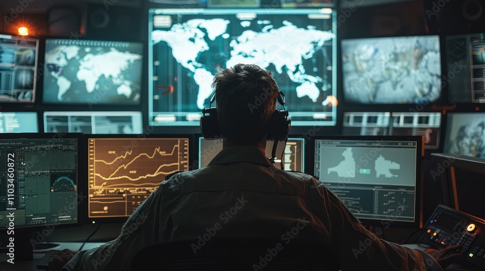 Poster Man is working in military control room, ensuring national security through control and monitoring.