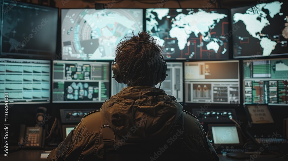 Poster Man is working in military control room, ensuring national security through control and monitoring.