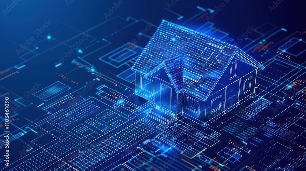 Poster a digital representation of a house with circuit patterns, symbolizing smart home technology.