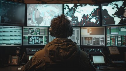 Man is working in military control room, ensuring national security through control and monitoring.