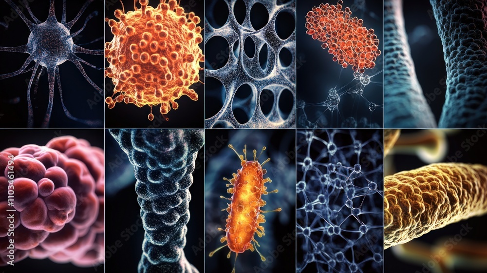 Poster scientific digital art close-up view of bacteria and cells in microscopic analysis