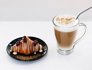 coffee and cake, Croissant on a dark plate next to a transparent cup with cappuccino on a light background