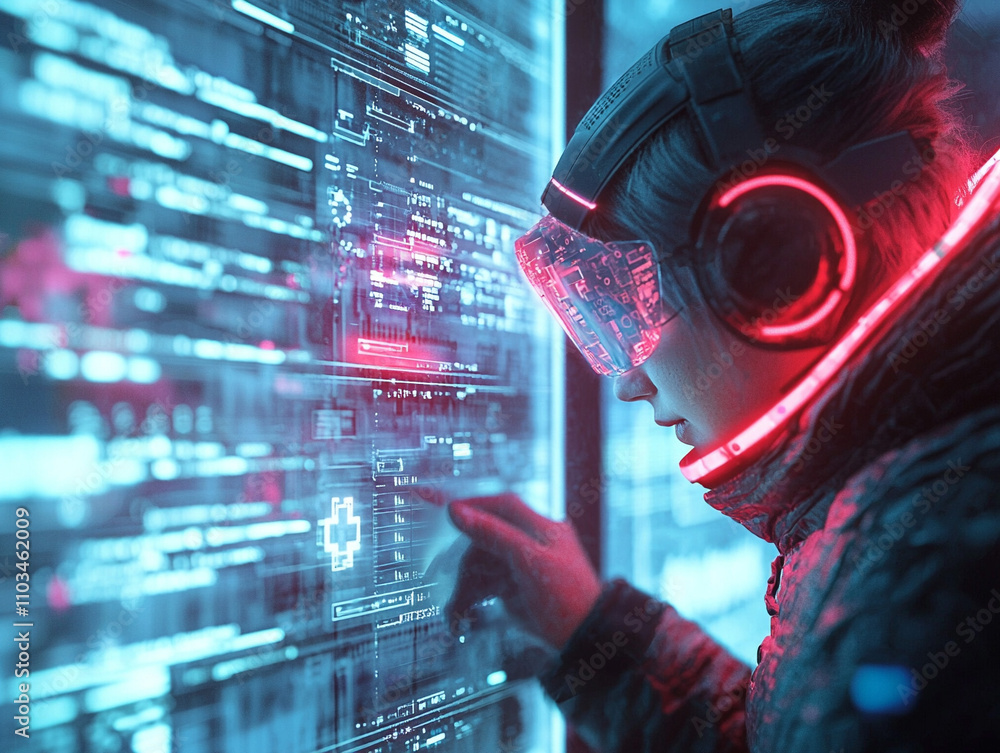 Poster ai generated cyberpunk scene futuristic data interaction urban environment digital art tech innovati