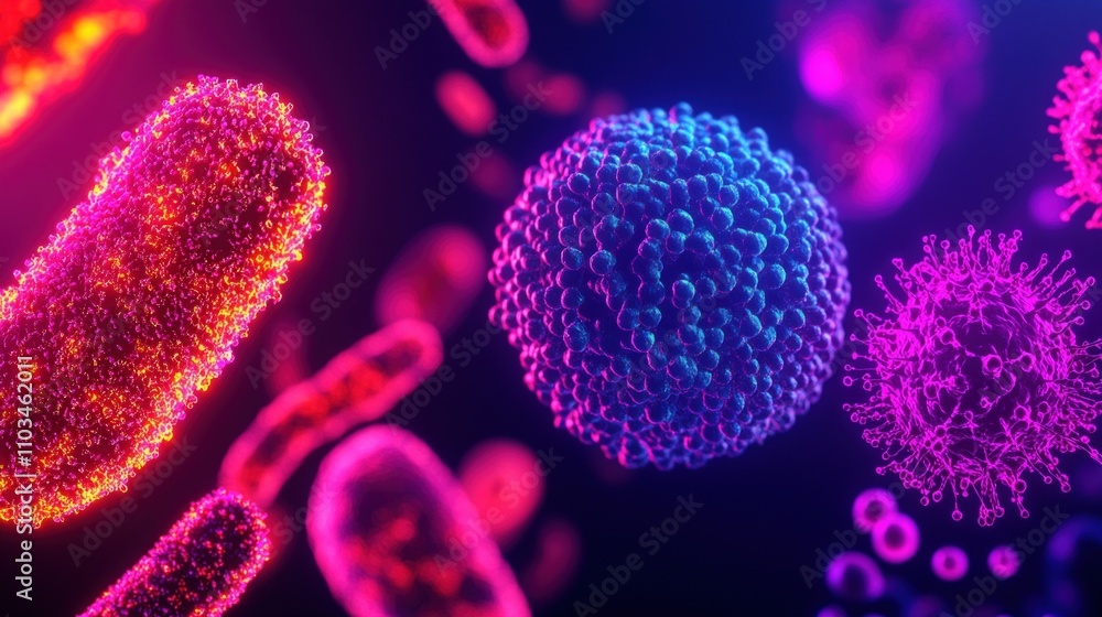 Poster exploring bacteria and viruses abstract microscopy in microbiology research
