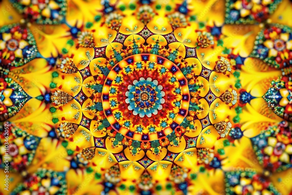 Poster captivating tilt-shift photography of patterns with a vivid yellow sun background creating a playful