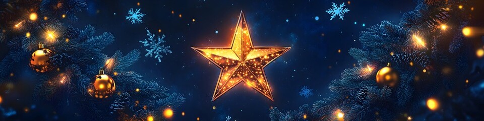 Shining golden Christmas Star hanging against blue background with golden lights. Christmas and New Year celebration. Winter holiday decoration. Greeting card, banner with copy space