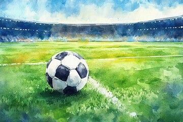 Fototapeta premium Soccer Championship Match. Hand-drawn Watercolor Illustration of Penalty Kick on Green Field Stadium