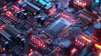 Fototapeta premium A close-up of a circuit board with glowing red lights and wires.